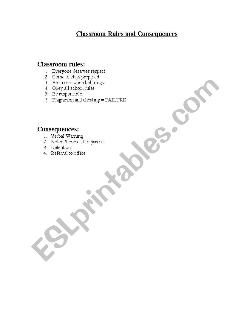 Class Rules and consequences worksheet