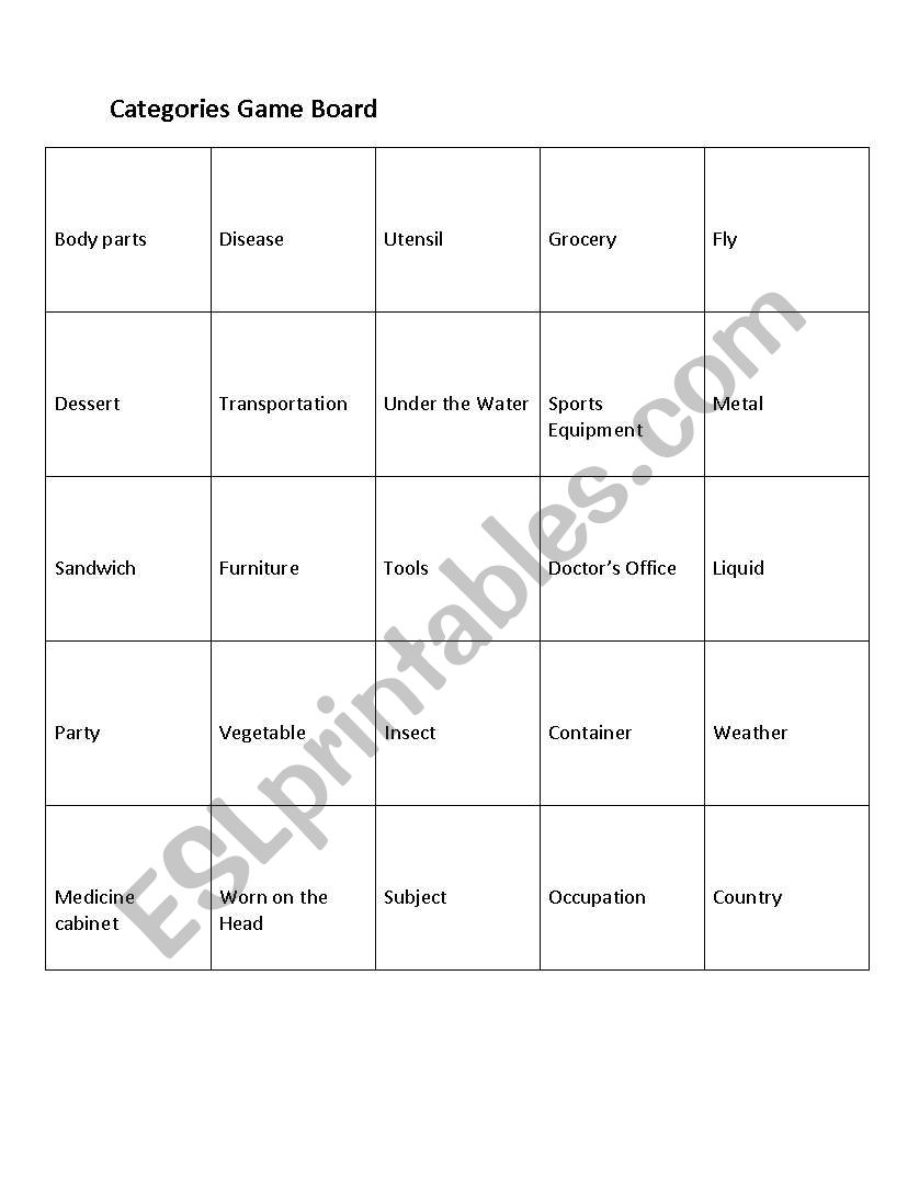 categorization bingo worksheet