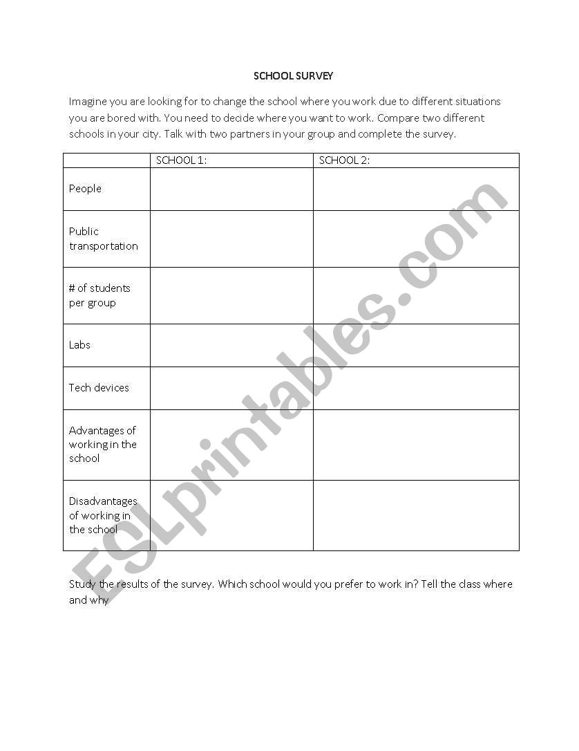 SCHOOL SURVEY worksheet