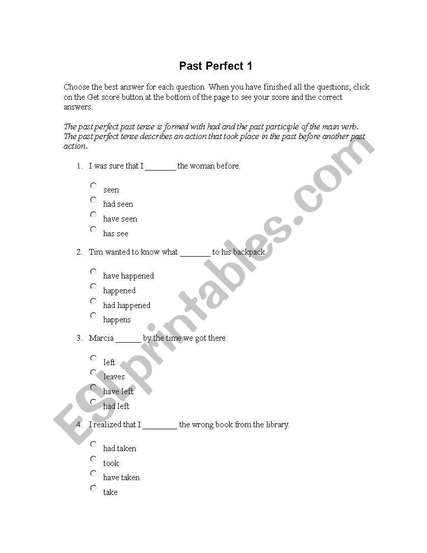 PAST PERFECT EXERCISES worksheet