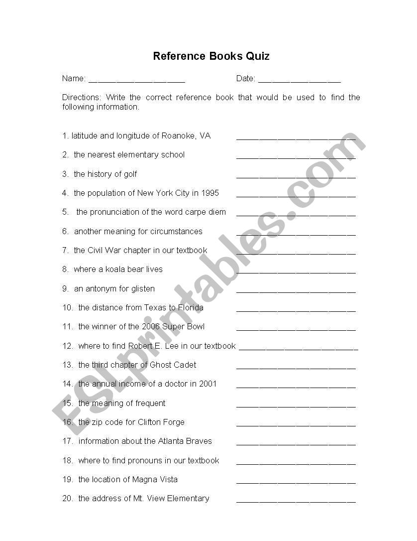 Reference Book Quiz worksheet