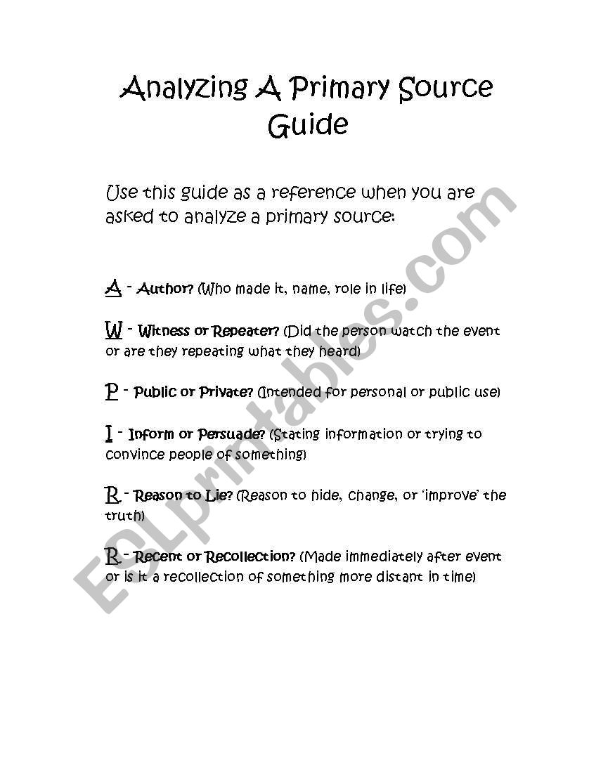 Analyzing a Primary Source worksheet