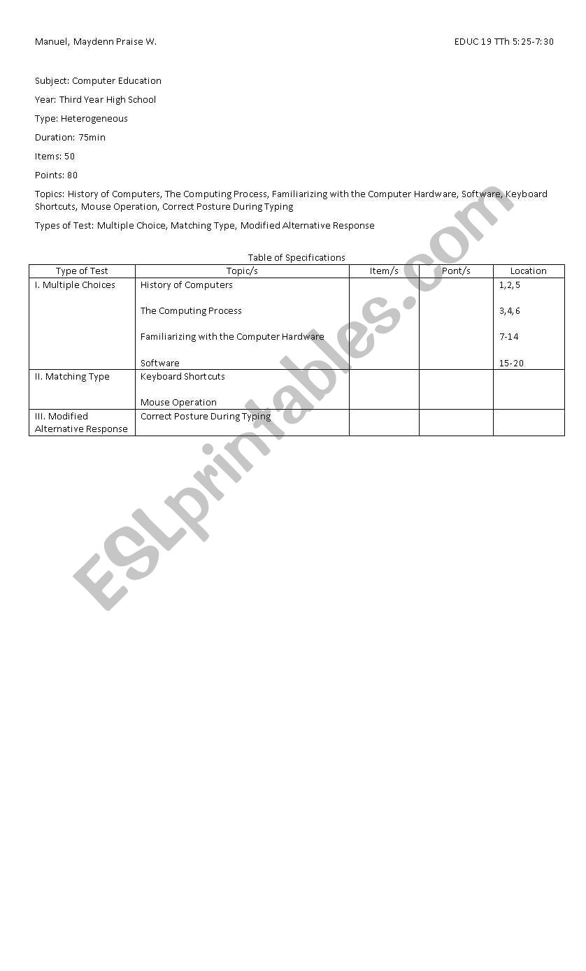 exam worksheet