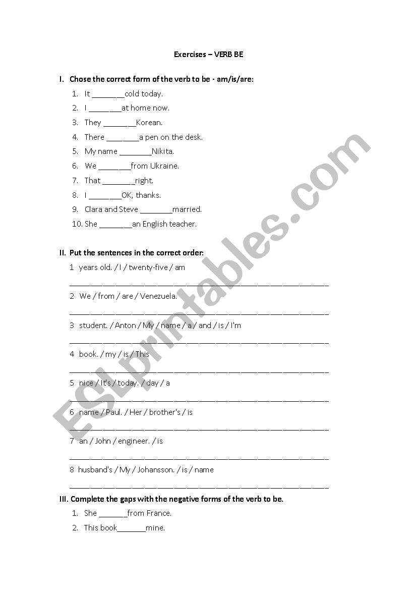 Verb be  worksheet