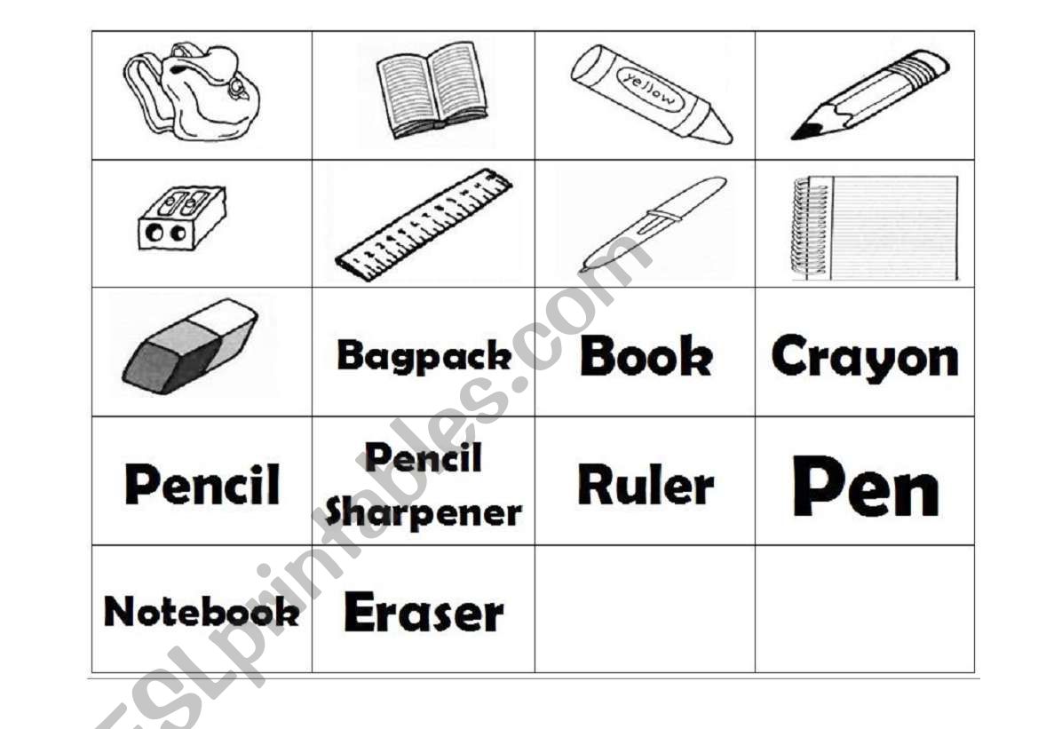 school supplies memory game worksheet