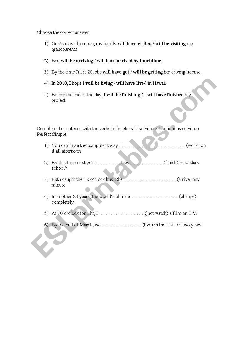 Future continuous and perfect worksheet