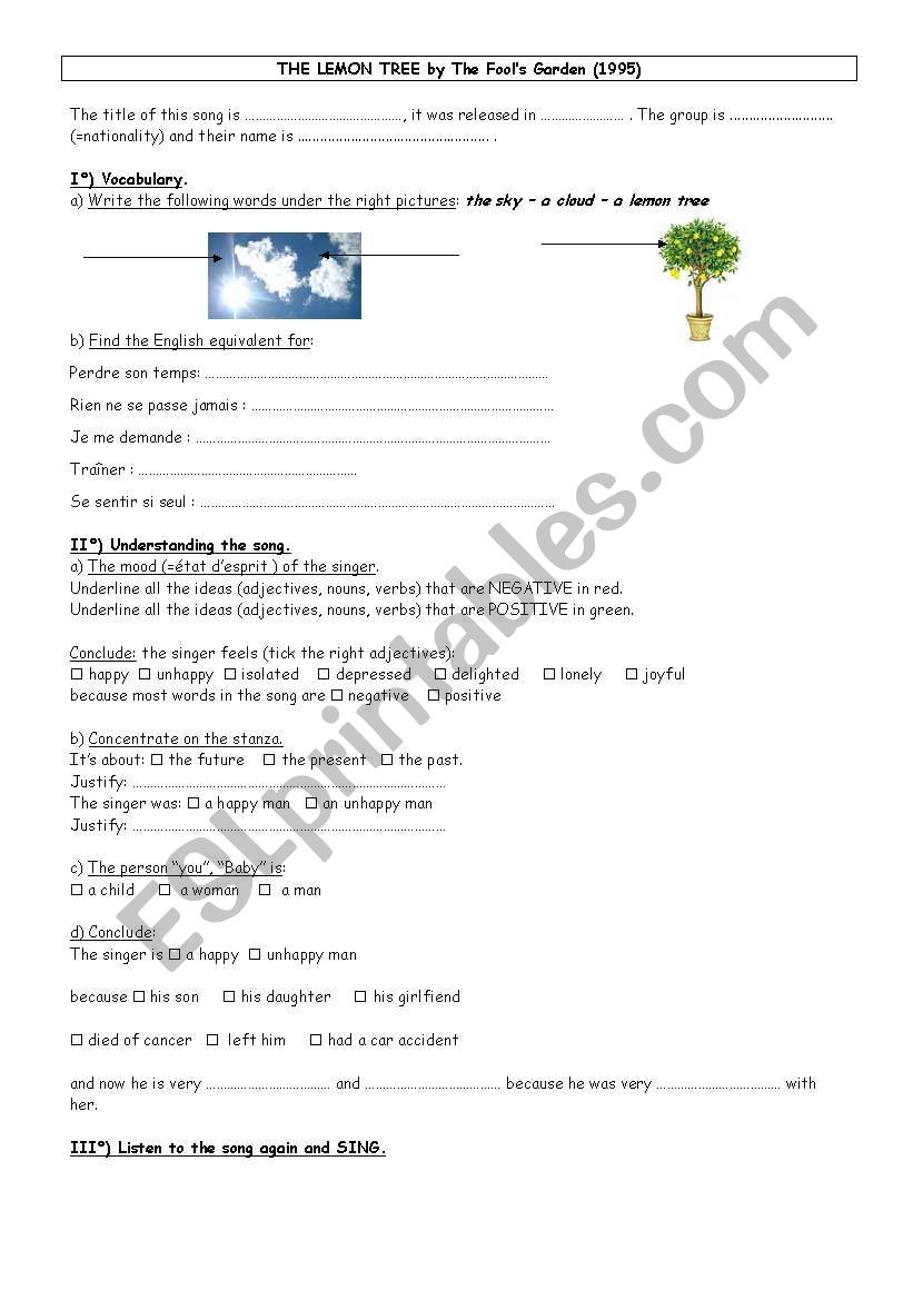 Worksheet_Lemon Tree_by Fool´s garden - ESL worksheet by Chris_P