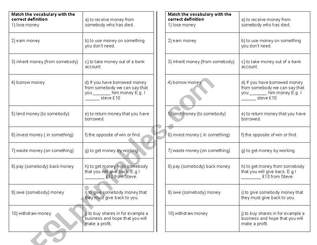 Match The Definition worksheet