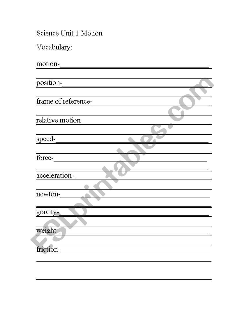 Forces and Motion Vocabulary worksheet