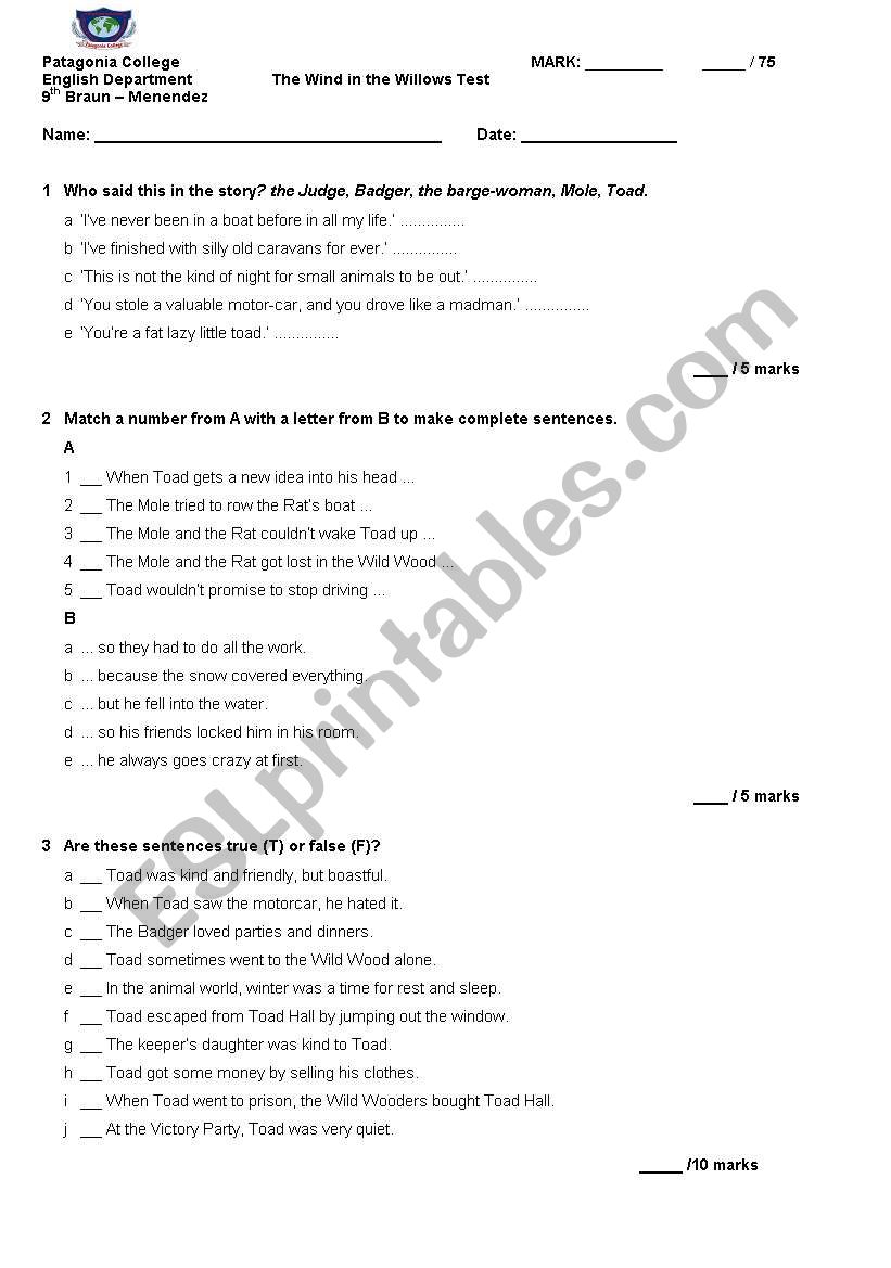 The wind in the willows worksheet