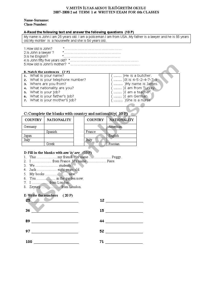 exam worksheet