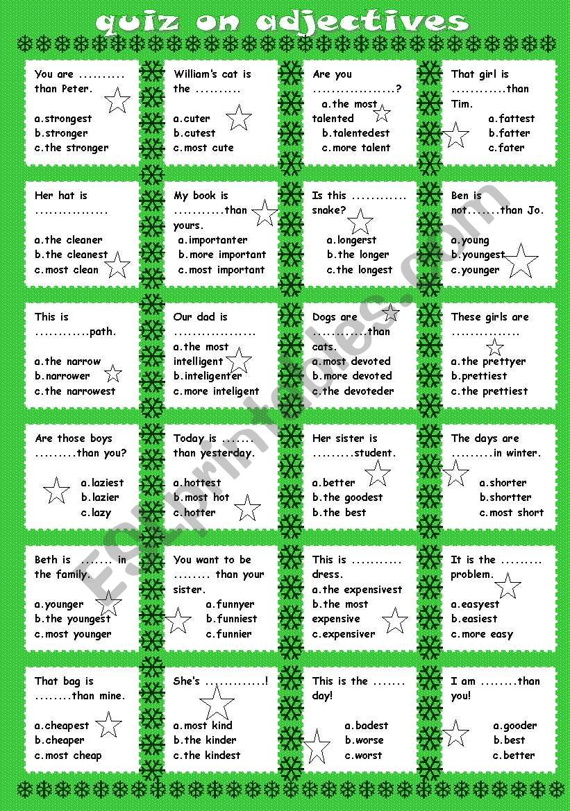 Quiz On Adjectives ESL Worksheet By Sictireala8