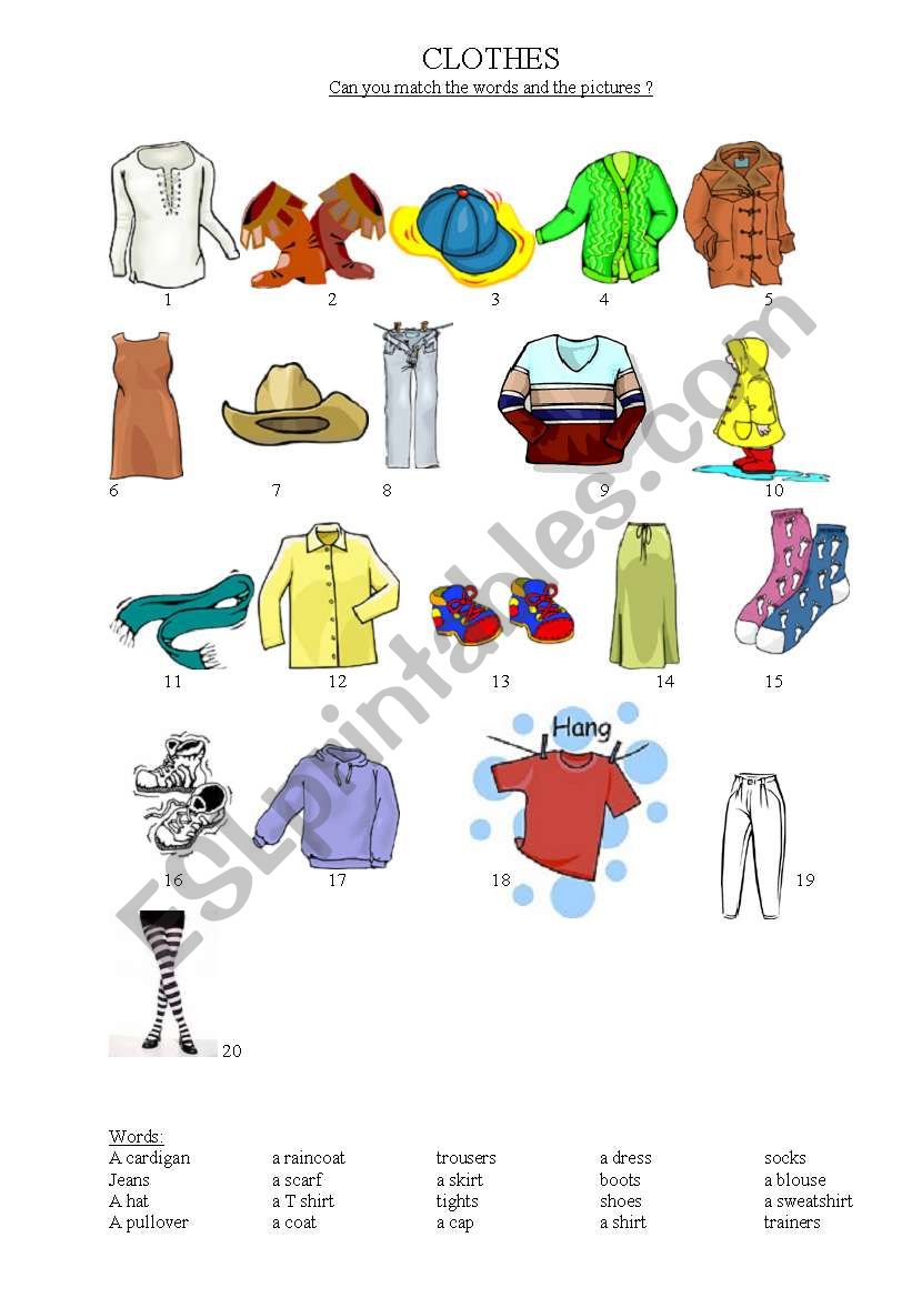 clothes: match the words and the pictures! - ESL worksheet by geraldine37