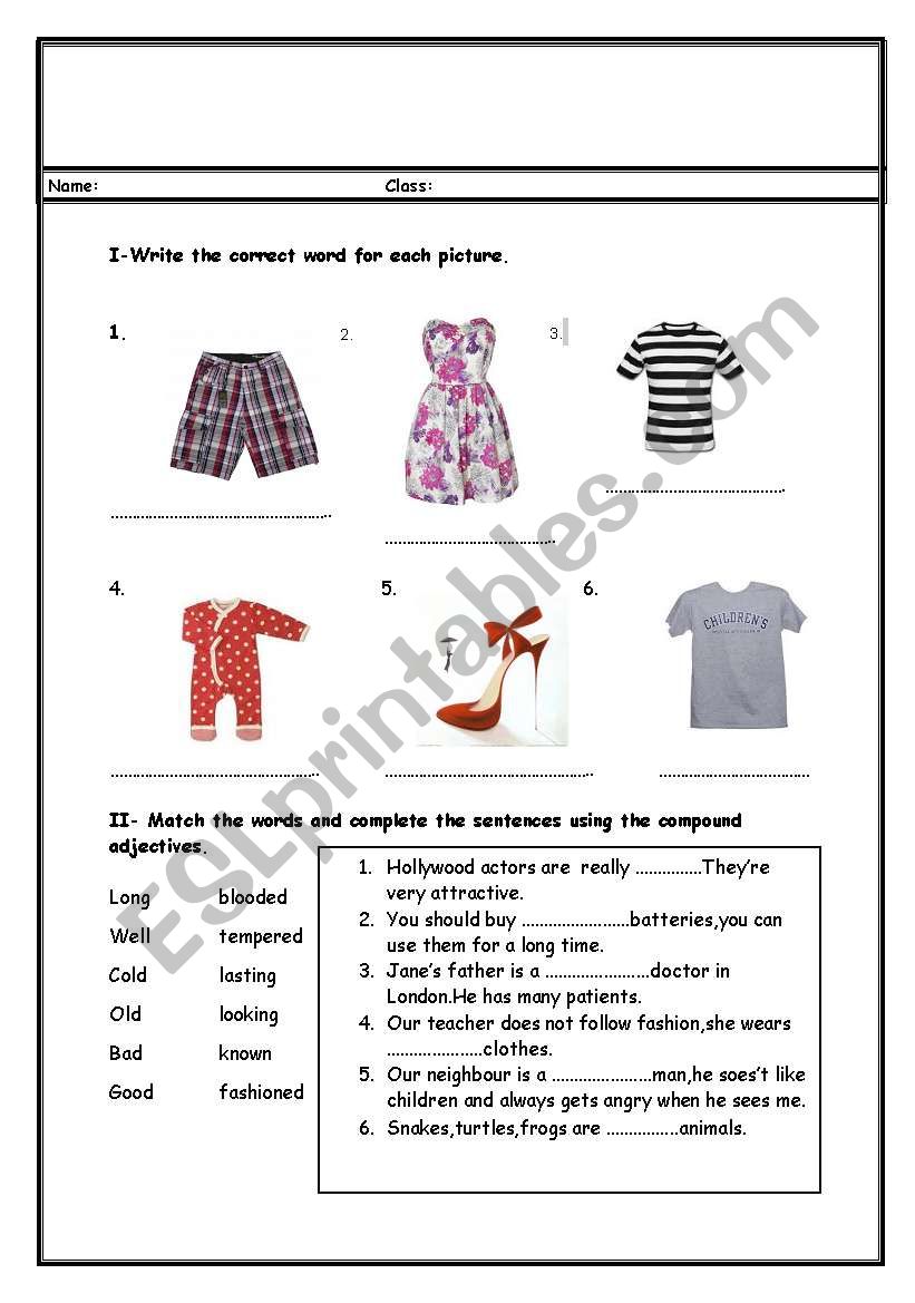 English Worksheets Clothes compound Adjectives