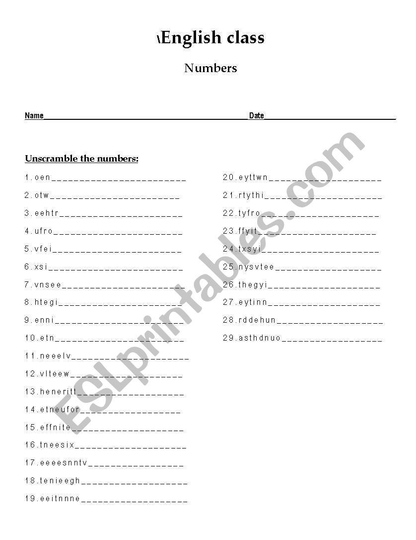 Numbers worksheet