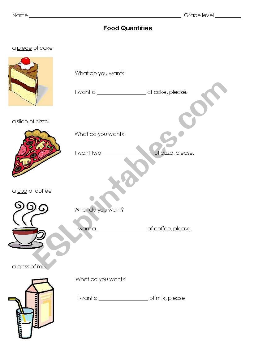 Food quatities and tastes worksheet