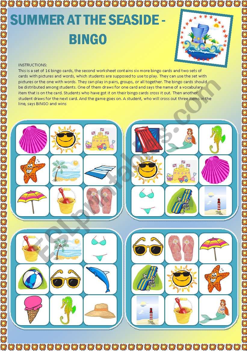 Summer at the seaside - Set of 16 bingo cards