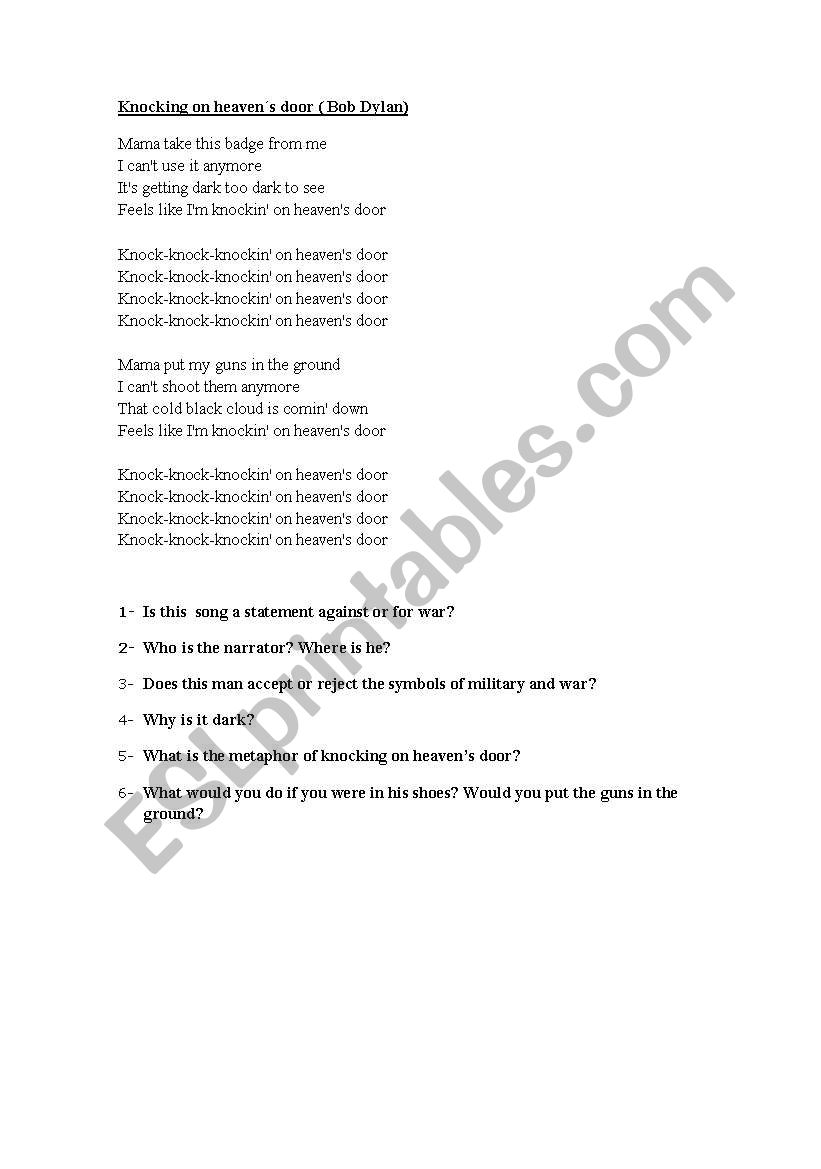 KNOCKING ON HEAVENS DOOR worksheet