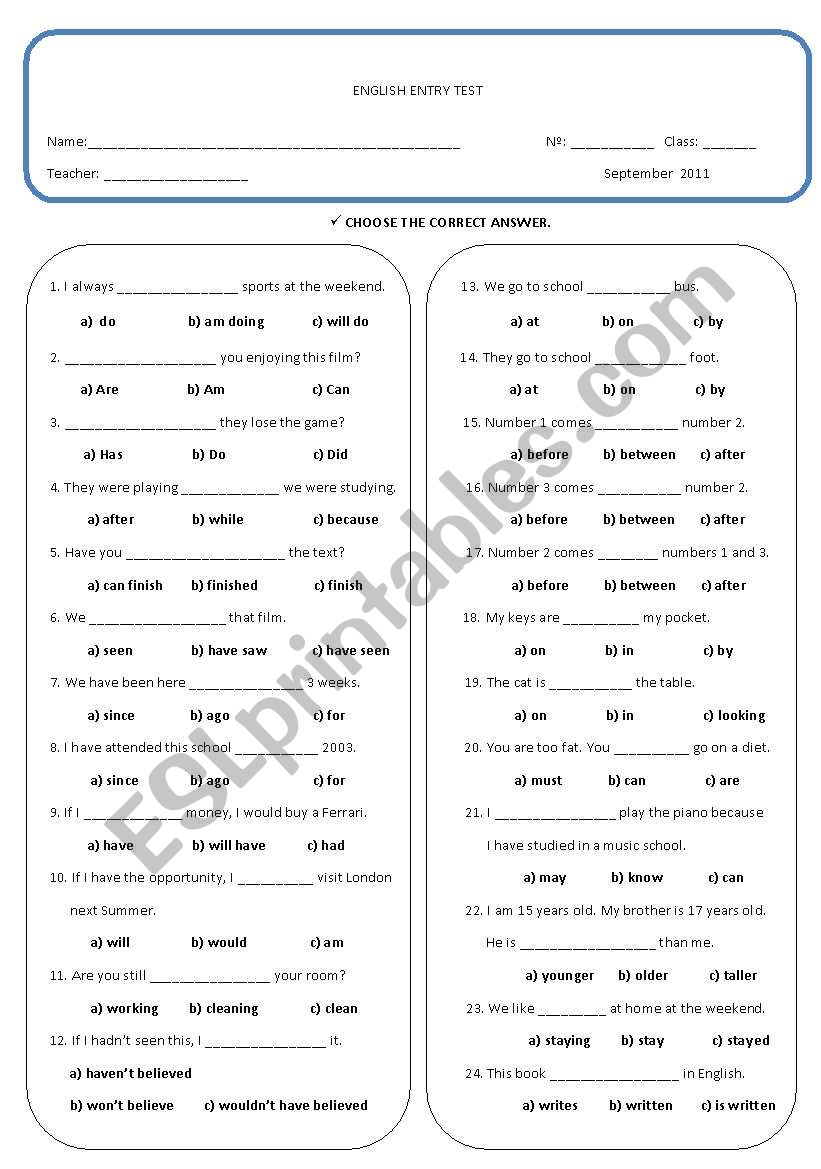 Entry Test worksheet