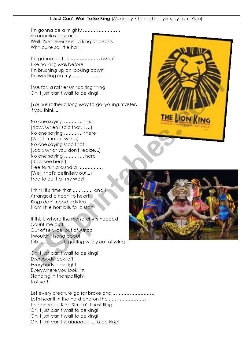 I Just Can T Wait To Be King Esl Worksheet By Pierre