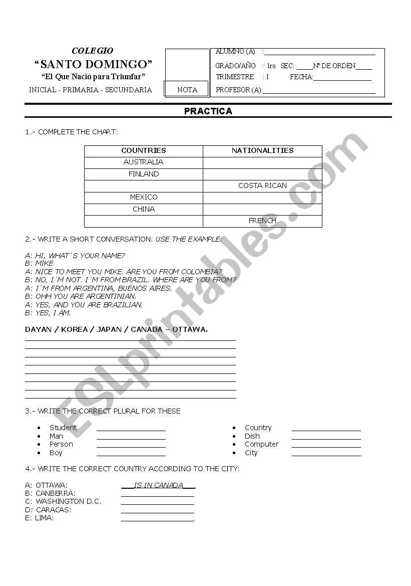 countries and nationalities worksheet