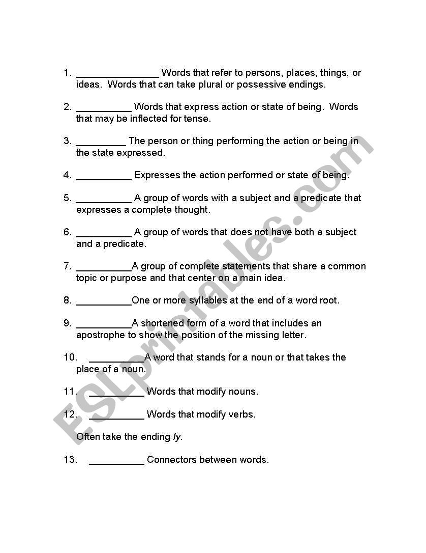 Parts of Speech Fill-In Quick Quiz