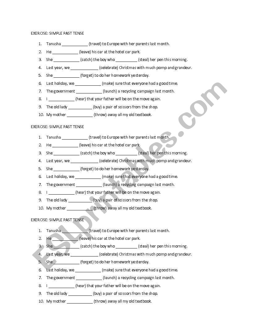 Exercise simple past tense worksheet