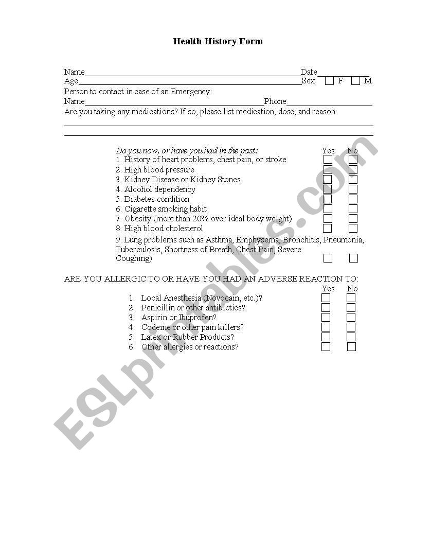 Health History Form worksheet