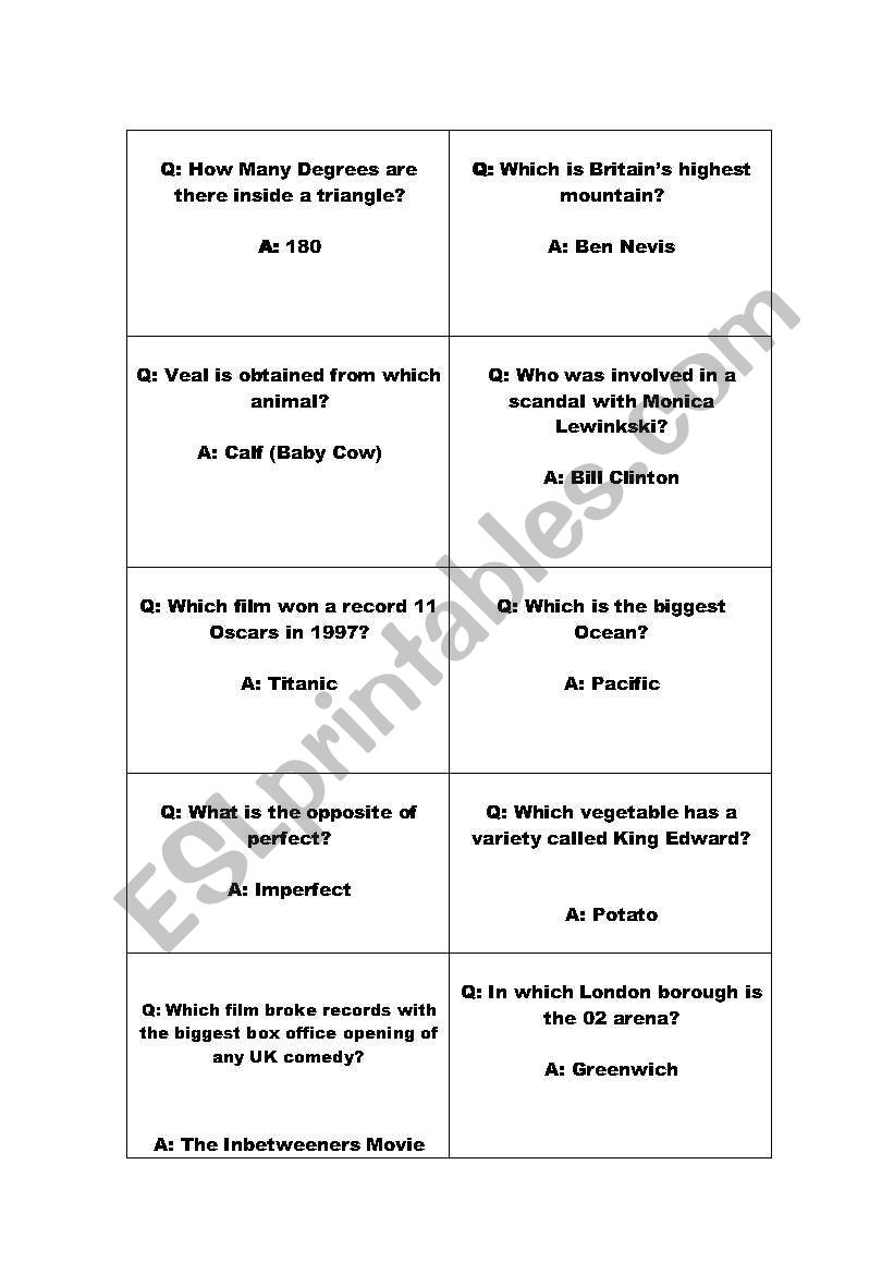 English Worksheets: General Knowledge Quiz Cards