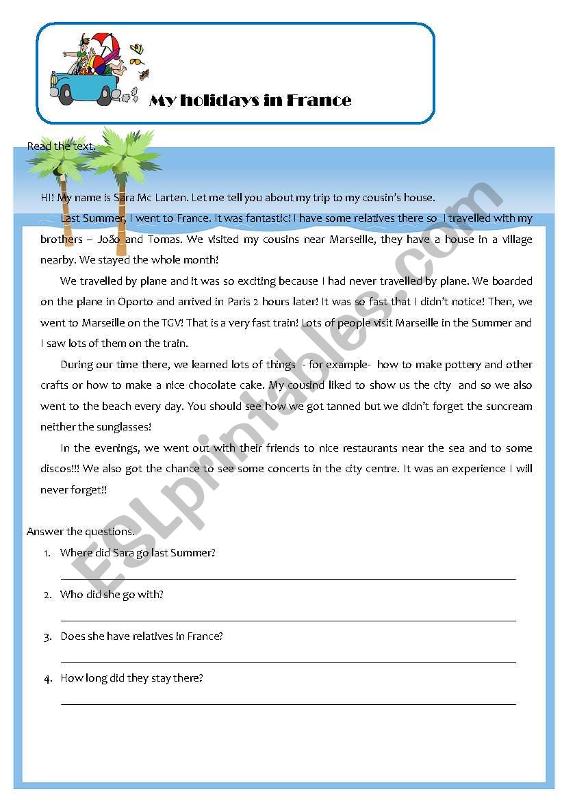 my holidays in france worksheet