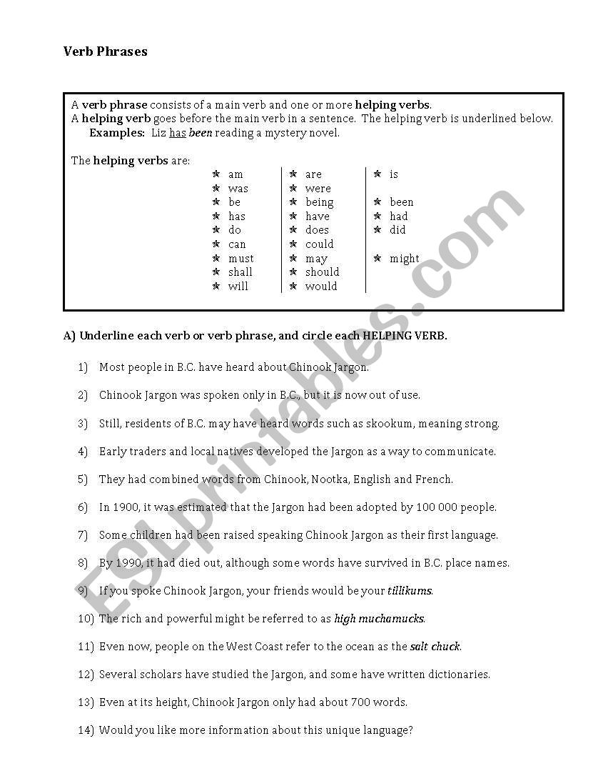 Verb Phrases worksheet