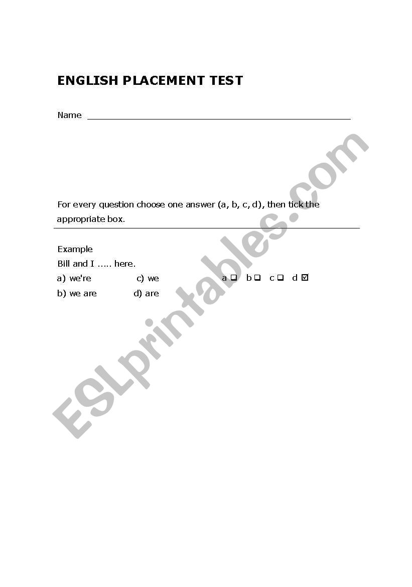 Placement test worksheet