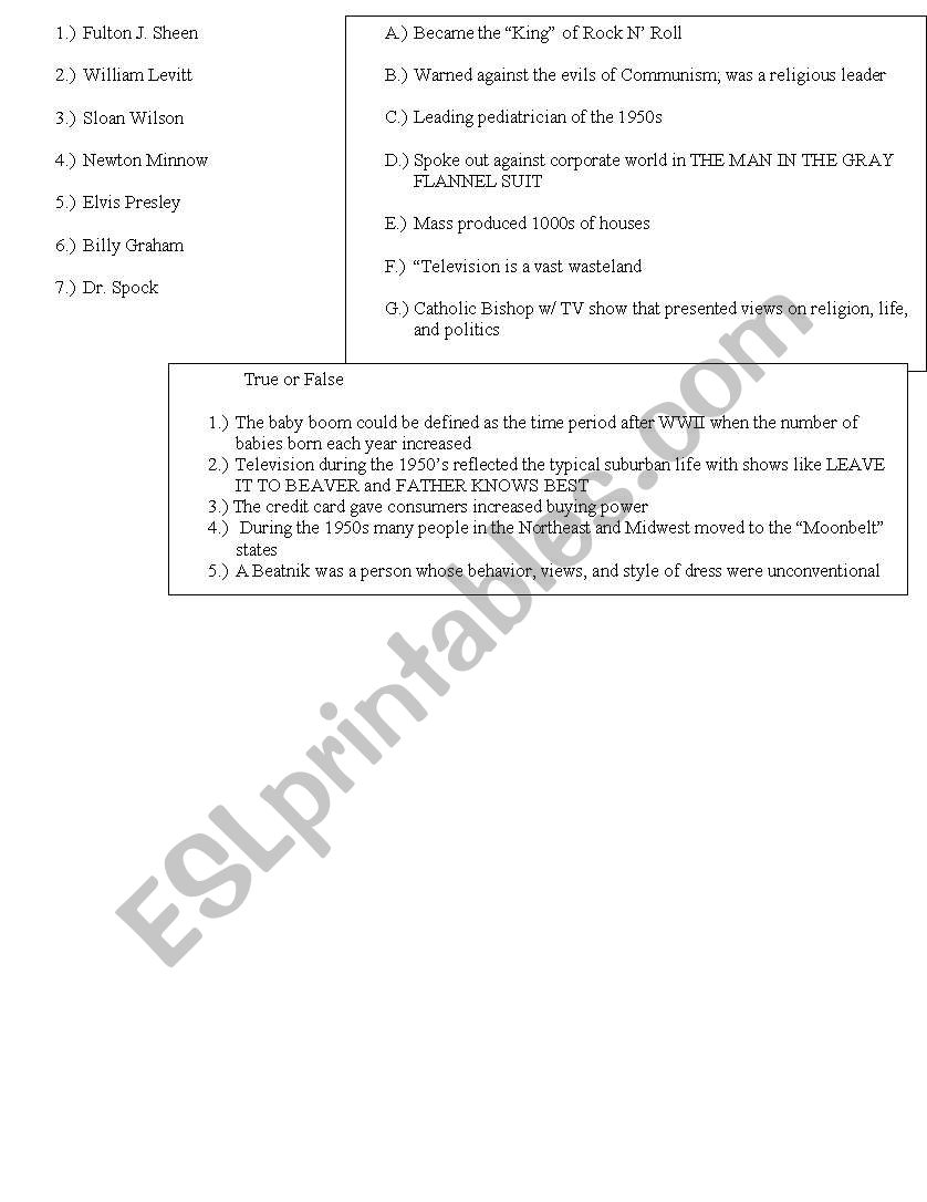 Quiz 1950s History worksheet