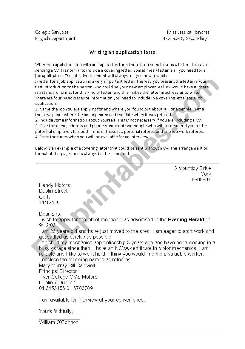 Job letter worksheet