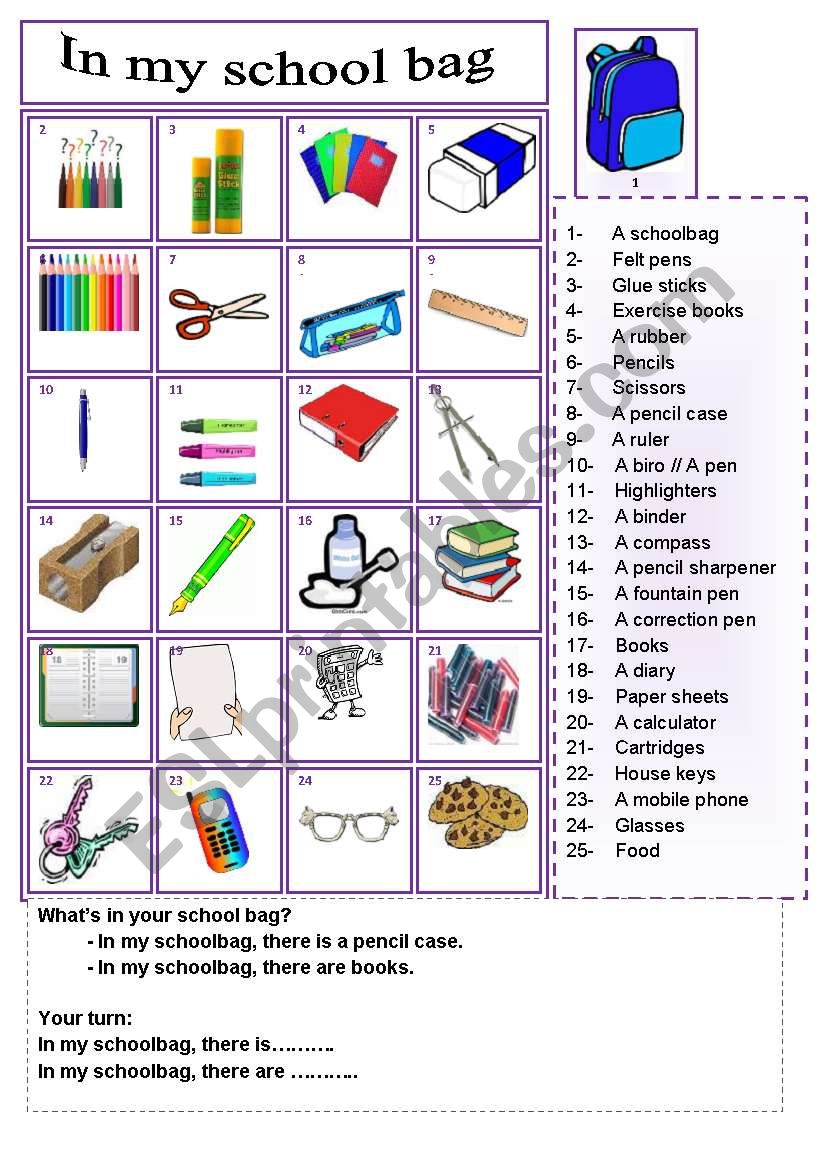 Schoolbag ESL Printable Worksheets For Kids | vlr.eng.br