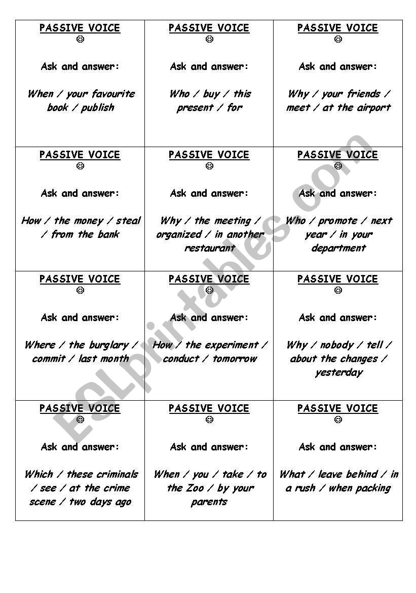 Passive Voice Questions Cards ESL Worksheet By Stereobuzz