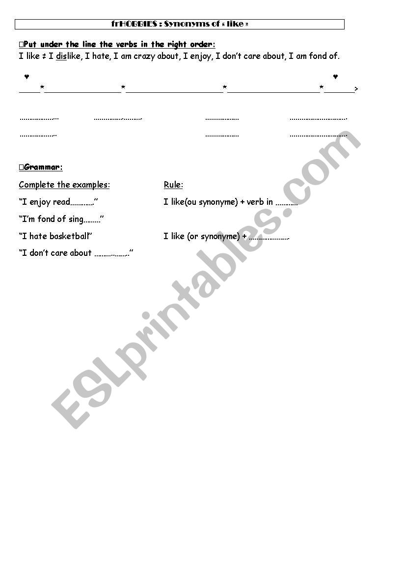hobbies like and synonyms worksheet