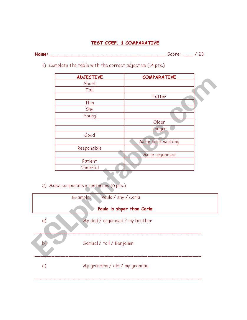 Comparative worksheet