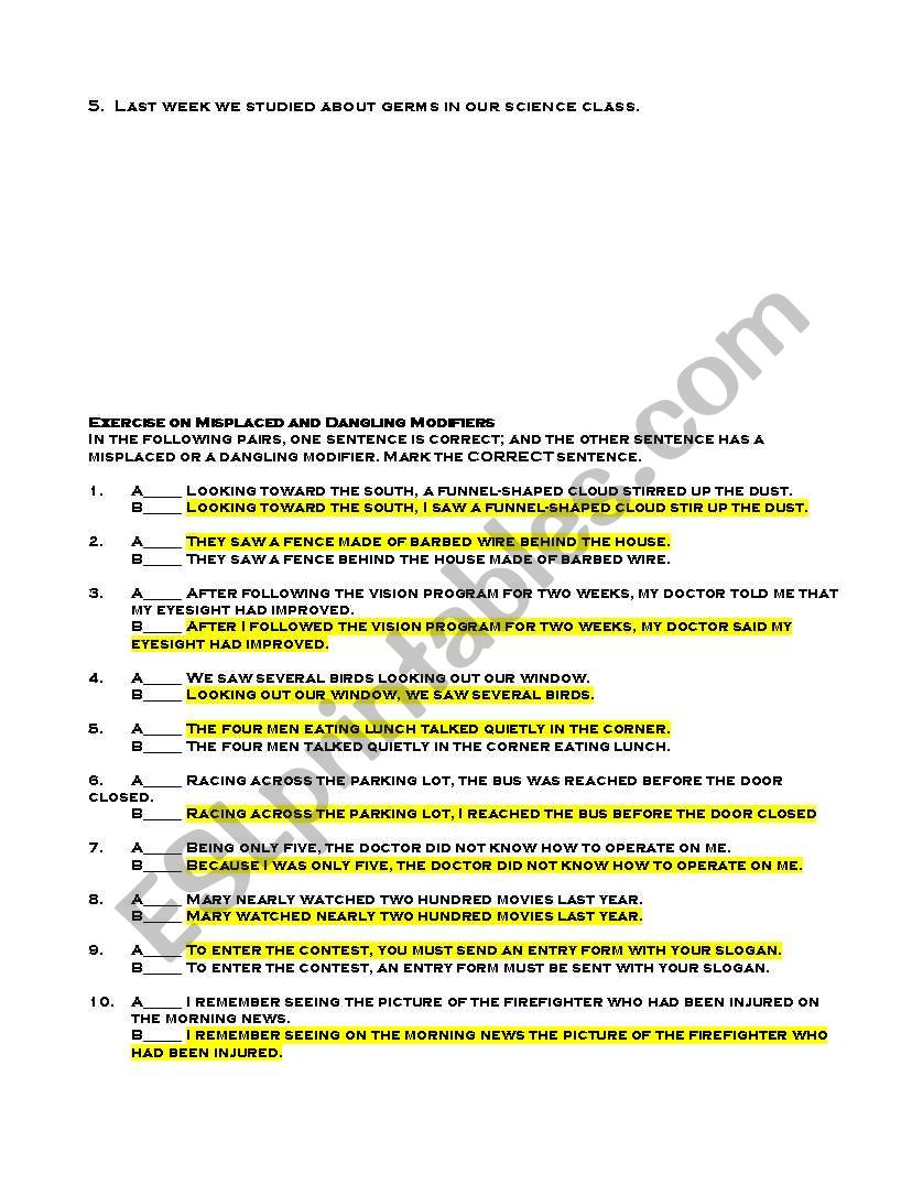 30 Misplaced And Dangling Modifiers Worksheet With Answers support