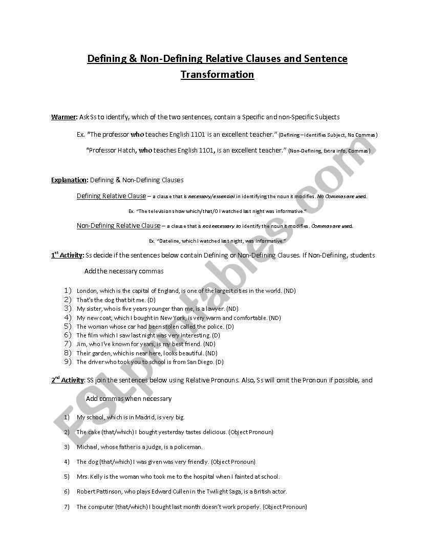 Reduction of Relative Clauses worksheet