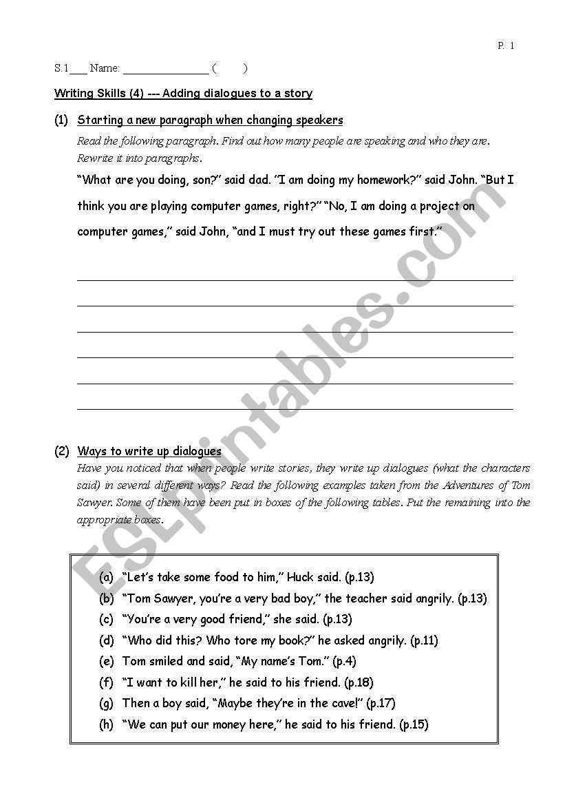 Adding Dialogue to a Story worksheet