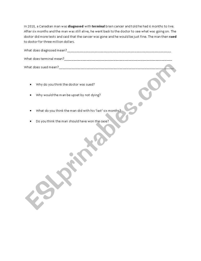 6 Months to Live worksheet