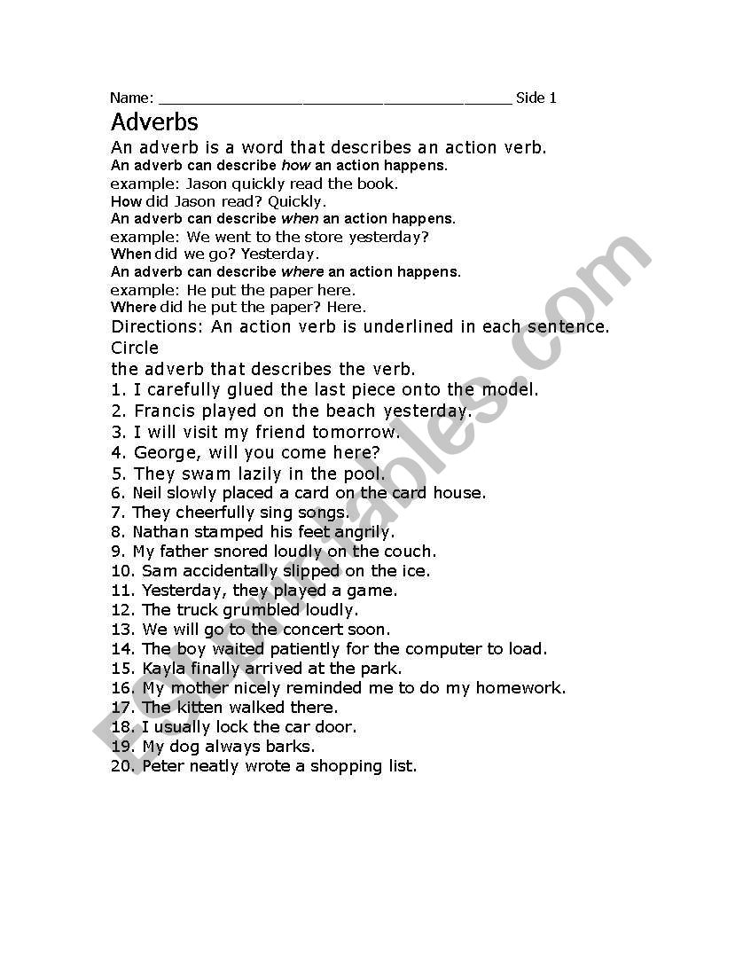 A level Adverb Exercise worksheet