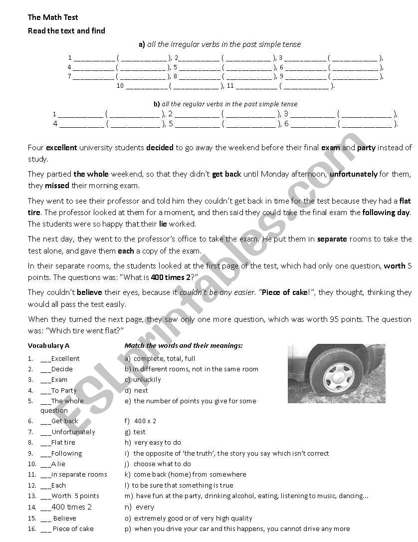 Maths test worksheet