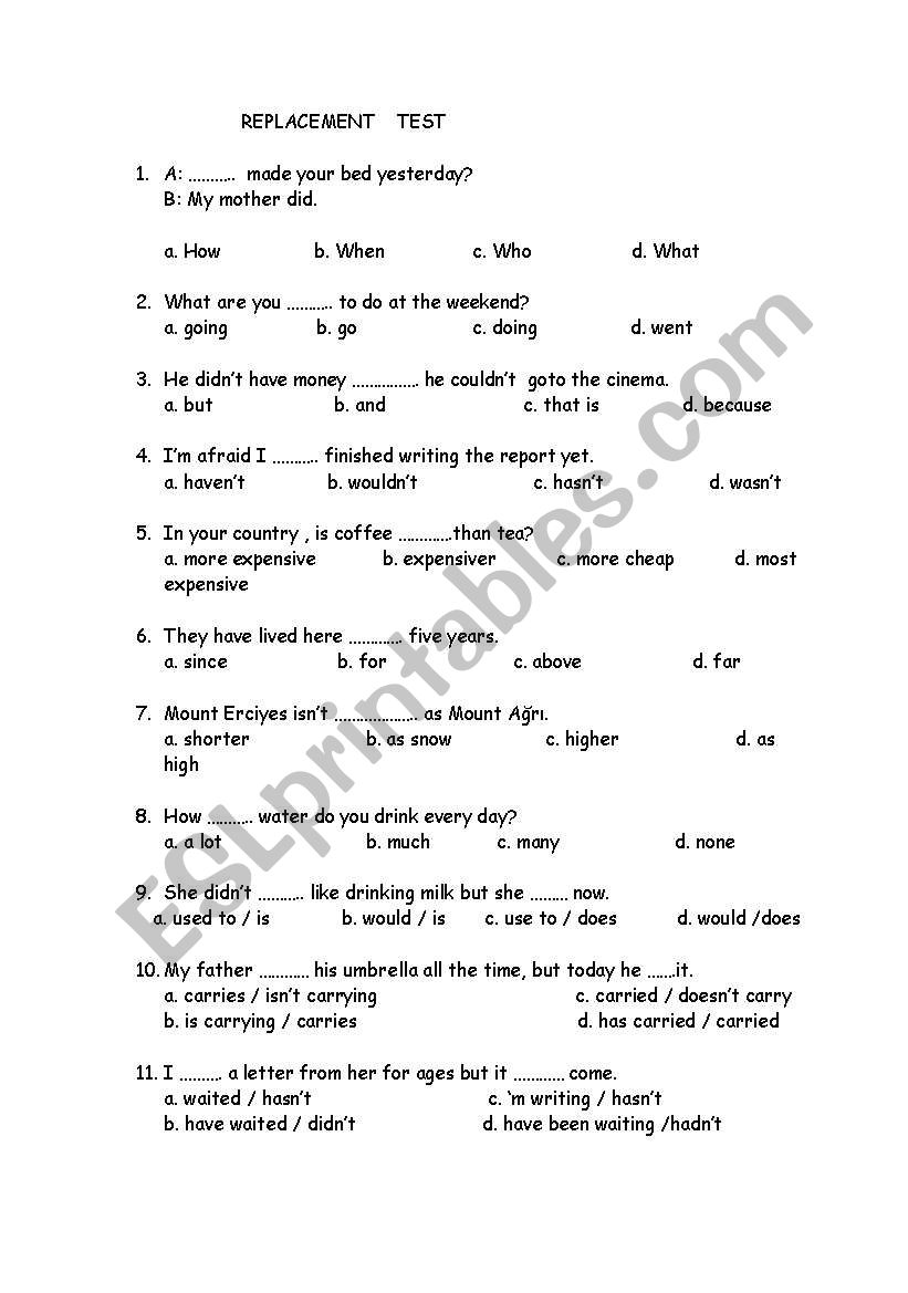 REPLACEMENT TEST worksheet