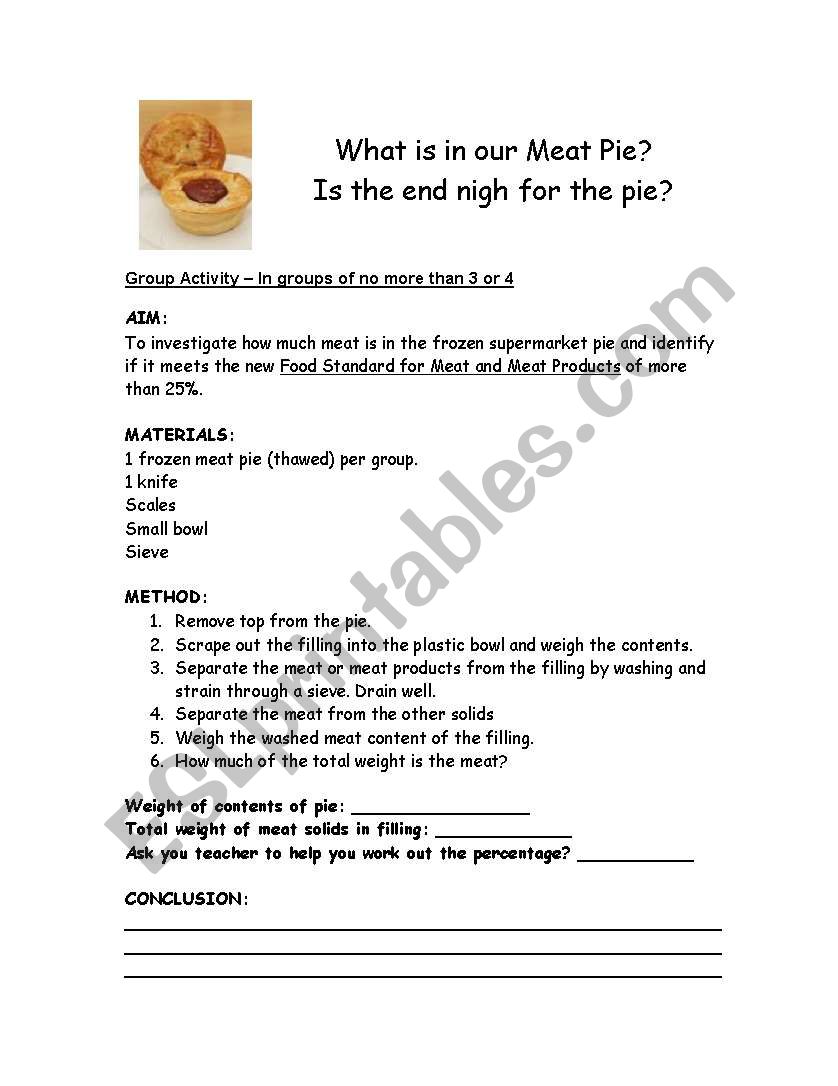 Meat Pie Investigation worksheet