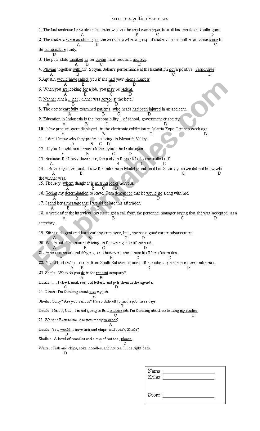 Error Recognition Exercise worksheet