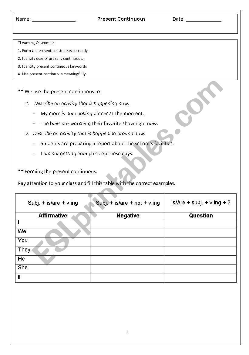 Present Continuous worksheet