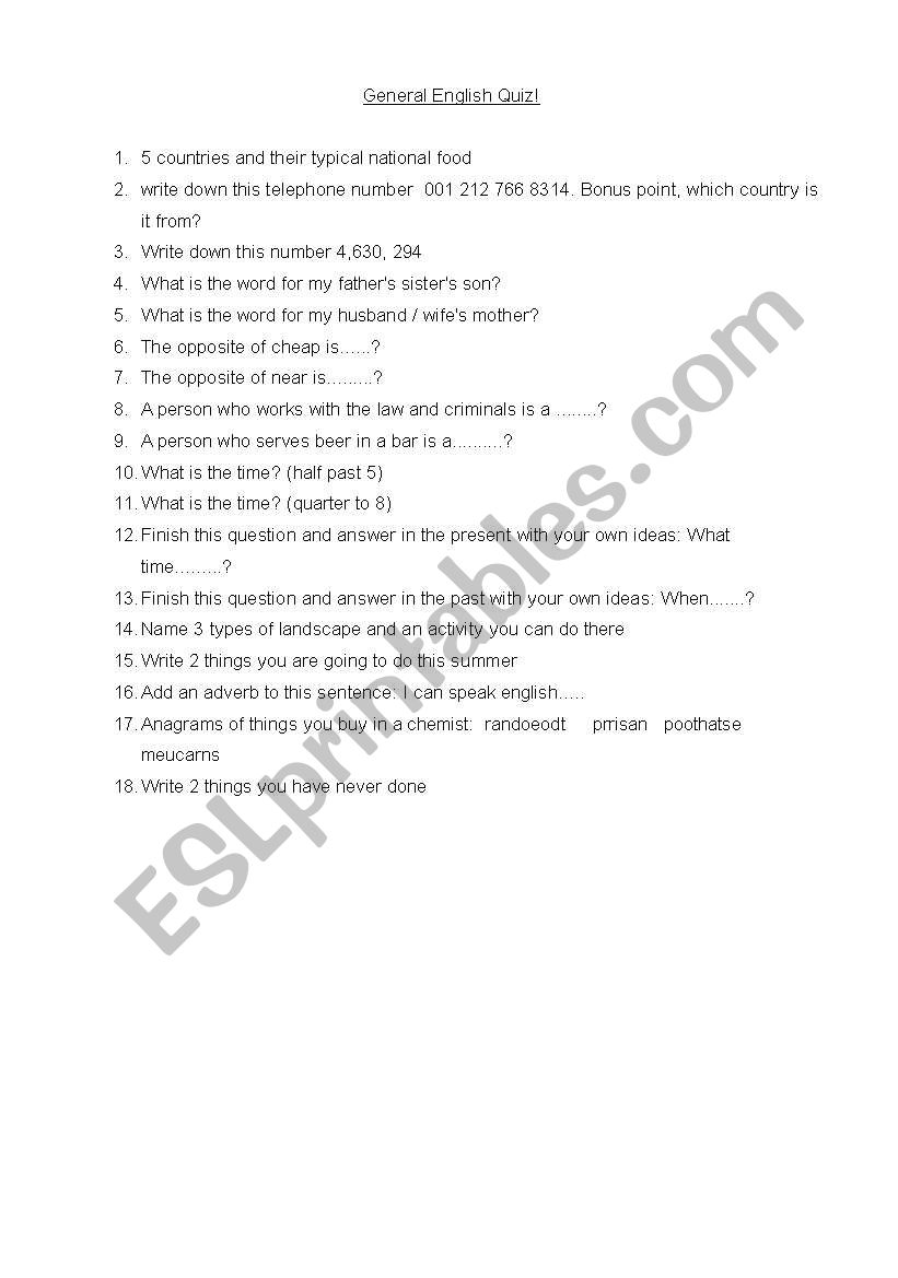 General English Quiz worksheet