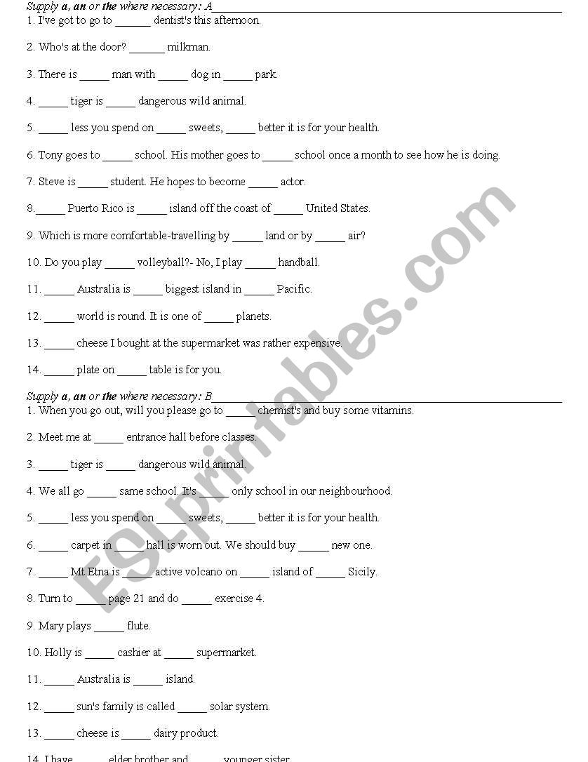 articles worksheet